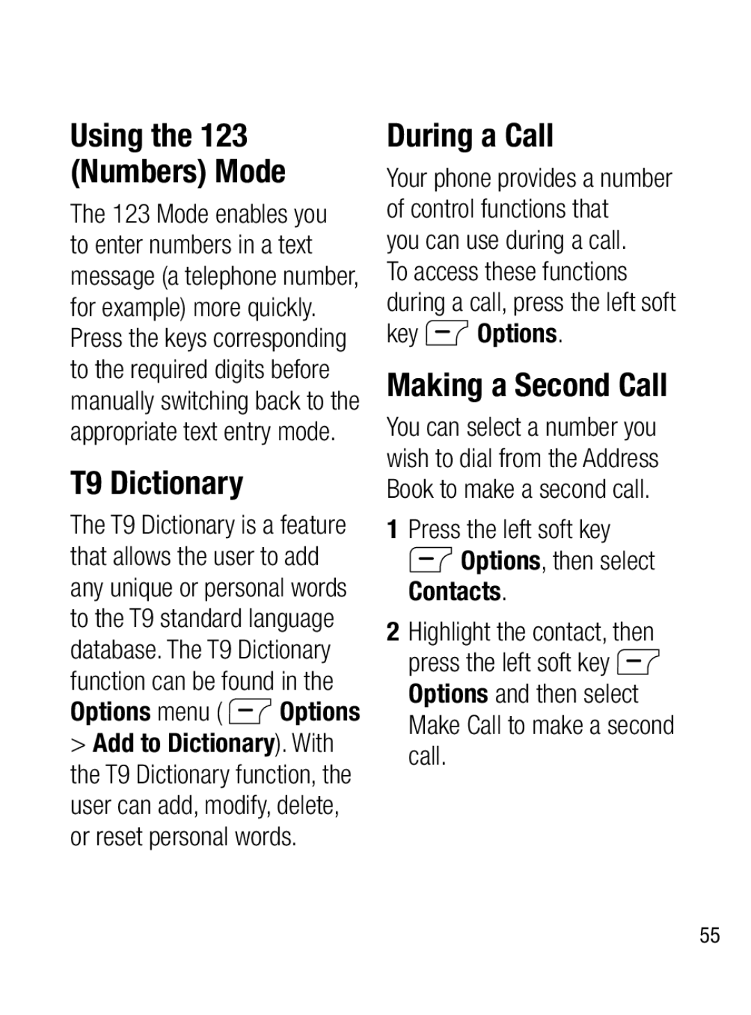 LG Electronics A133CH manual T9 Dictionary, During a Call, Making a Second Call, Using the 123 Numbers Mode, Key Options 