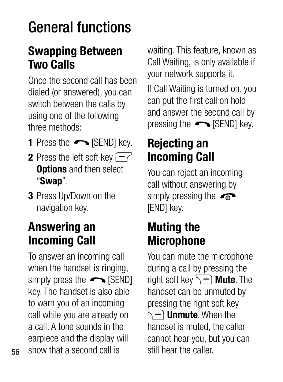 LG Electronics A133CH manual Rejecting an Incoming Call, Answering an Muting Incoming Call, Pressing the Send key 