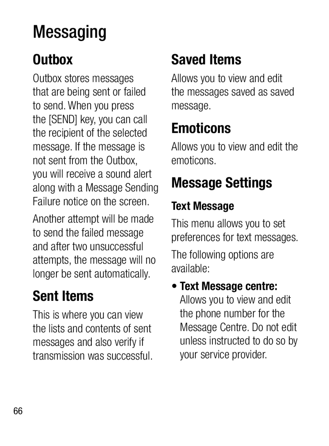 LG Electronics A133CH manual Outbox, Sent Items, Saved Items, Emoticons, Message Settings 