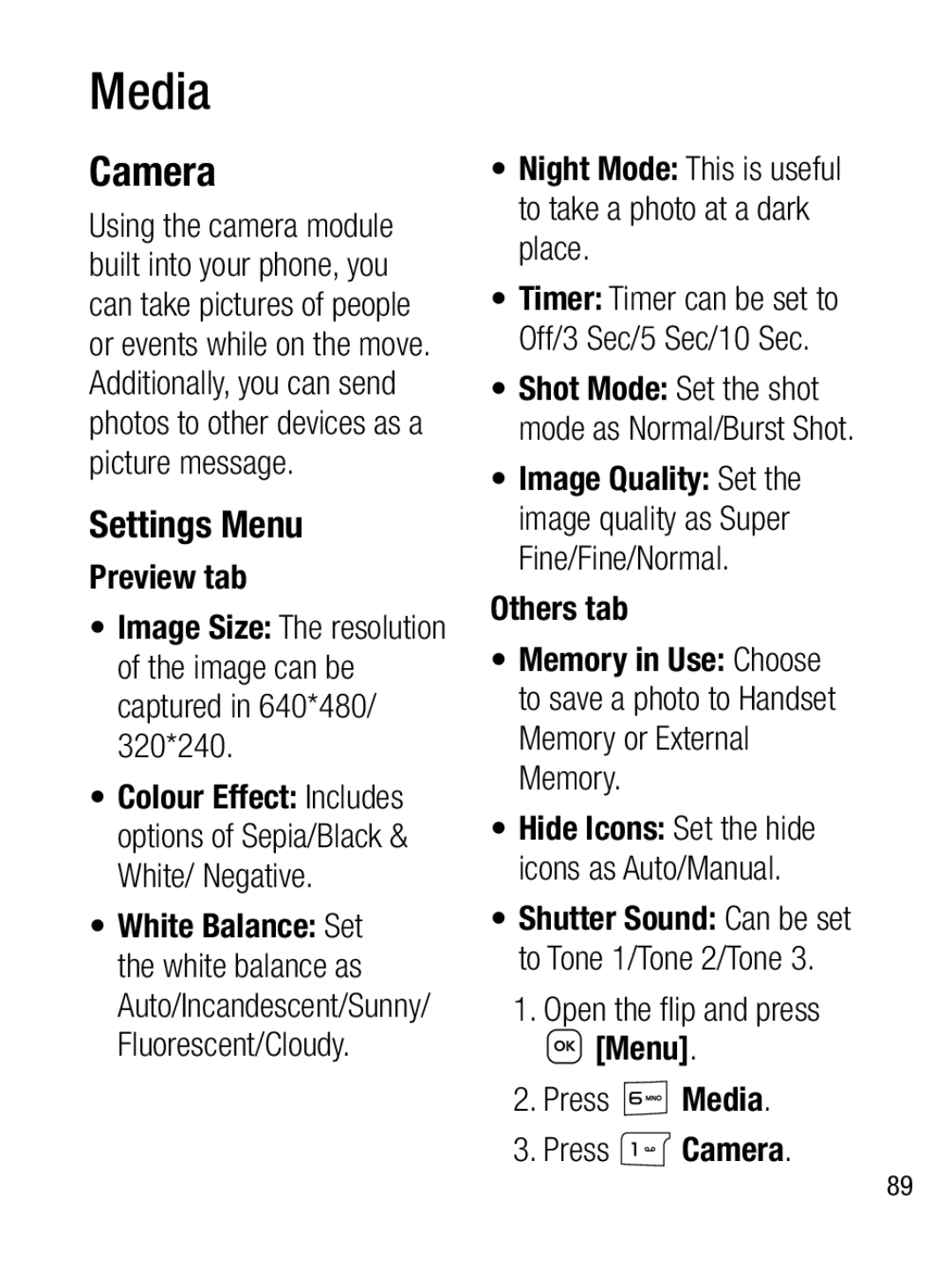 LG Electronics A133CH manual Media, Camera, Settings Menu 