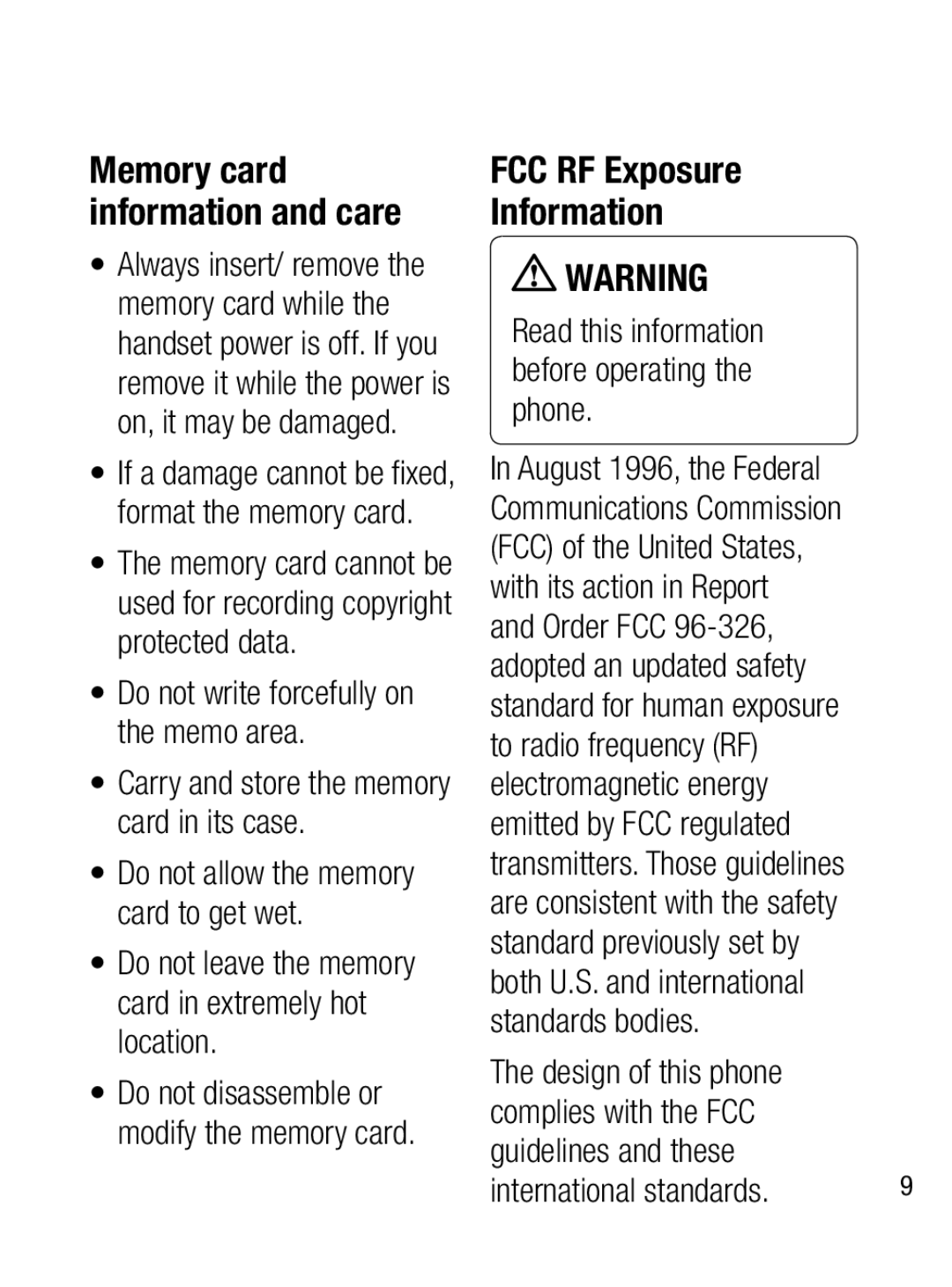 LG Electronics A133CH manual FCC RF Exposure Information, Memory card information and care 