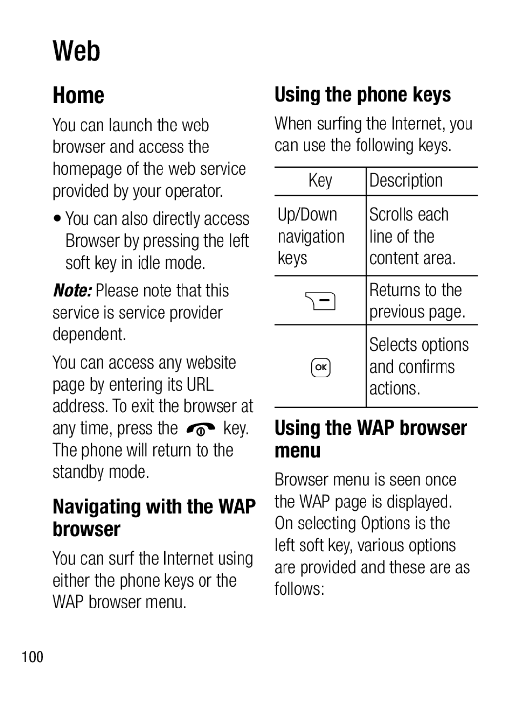 LG Electronics A133CH manual Home, Navigating with the WAP browser, Using the phone keys, Using the WAP browser menu 