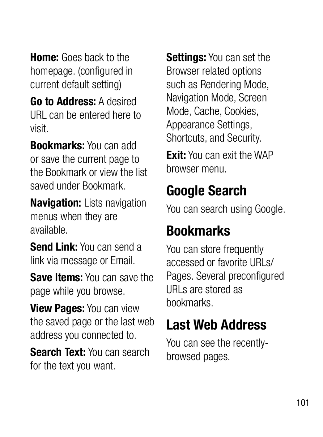 LG Electronics A133CH manual Google Search, Bookmarks, Last Web Address 
