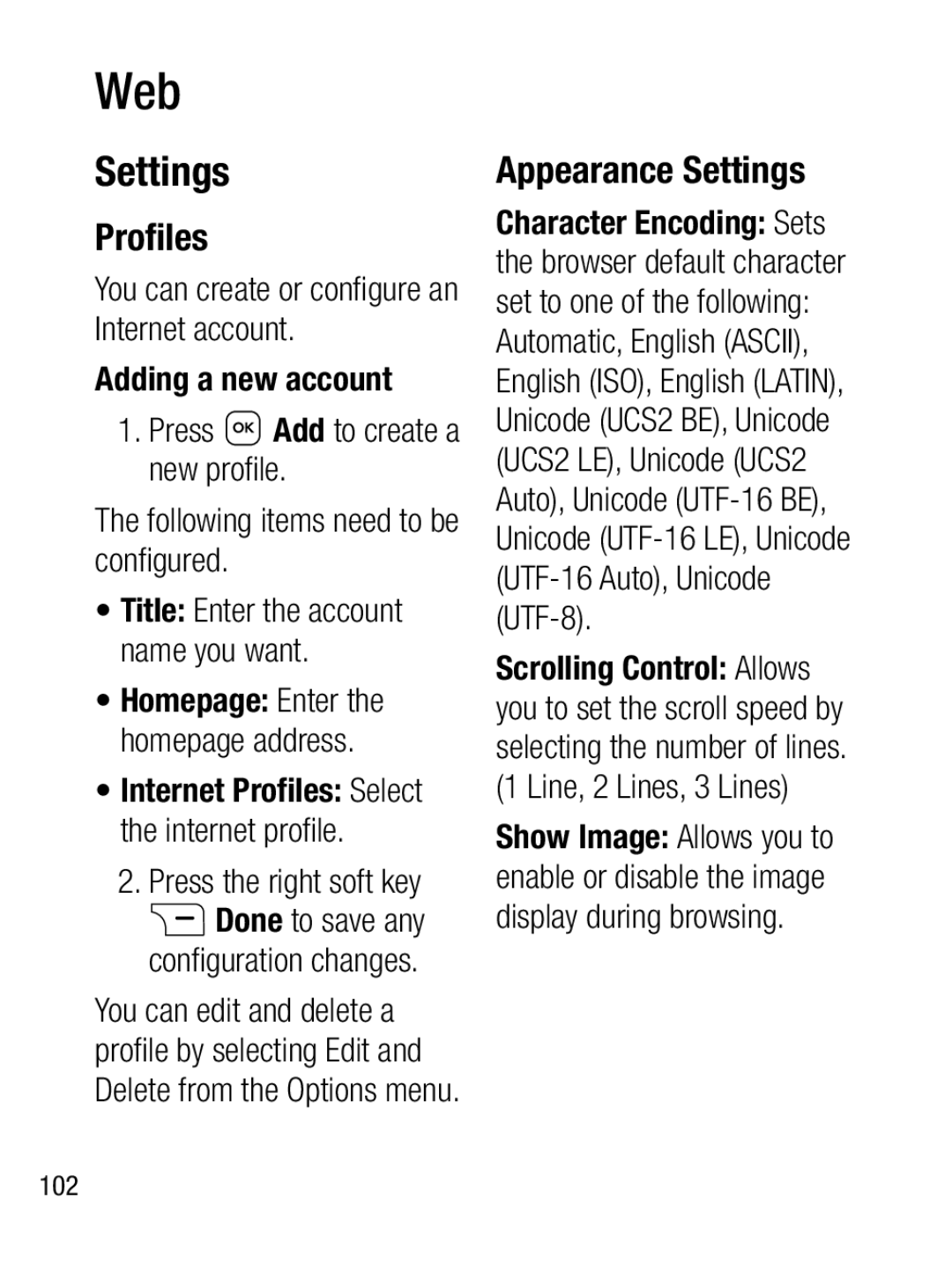 LG Electronics A133CH Proﬁles, Appearance Settings, You can create or conﬁ gure an Internet account Adding a new account 