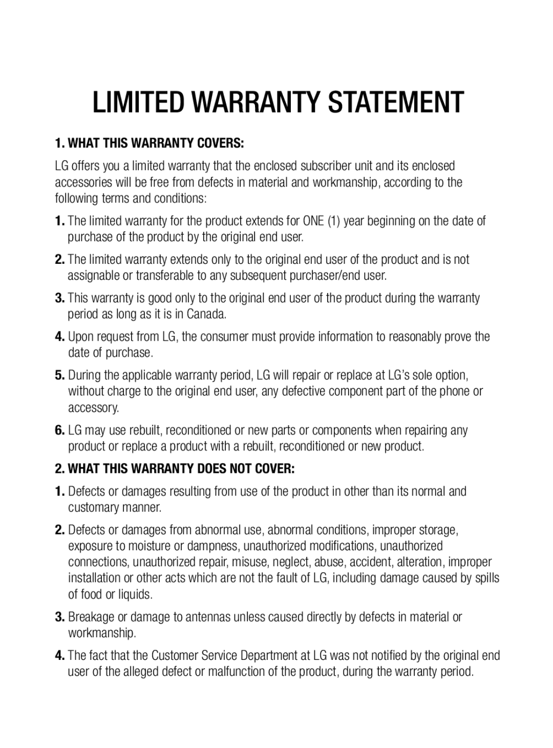 LG Electronics A133CH manual Limited Warranty Statement 