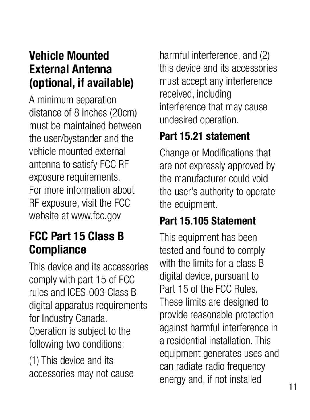LG Electronics A133CH manual Vehicle Mounted External Antenna optional, if available, FCC Part 15 Class B Compliance 