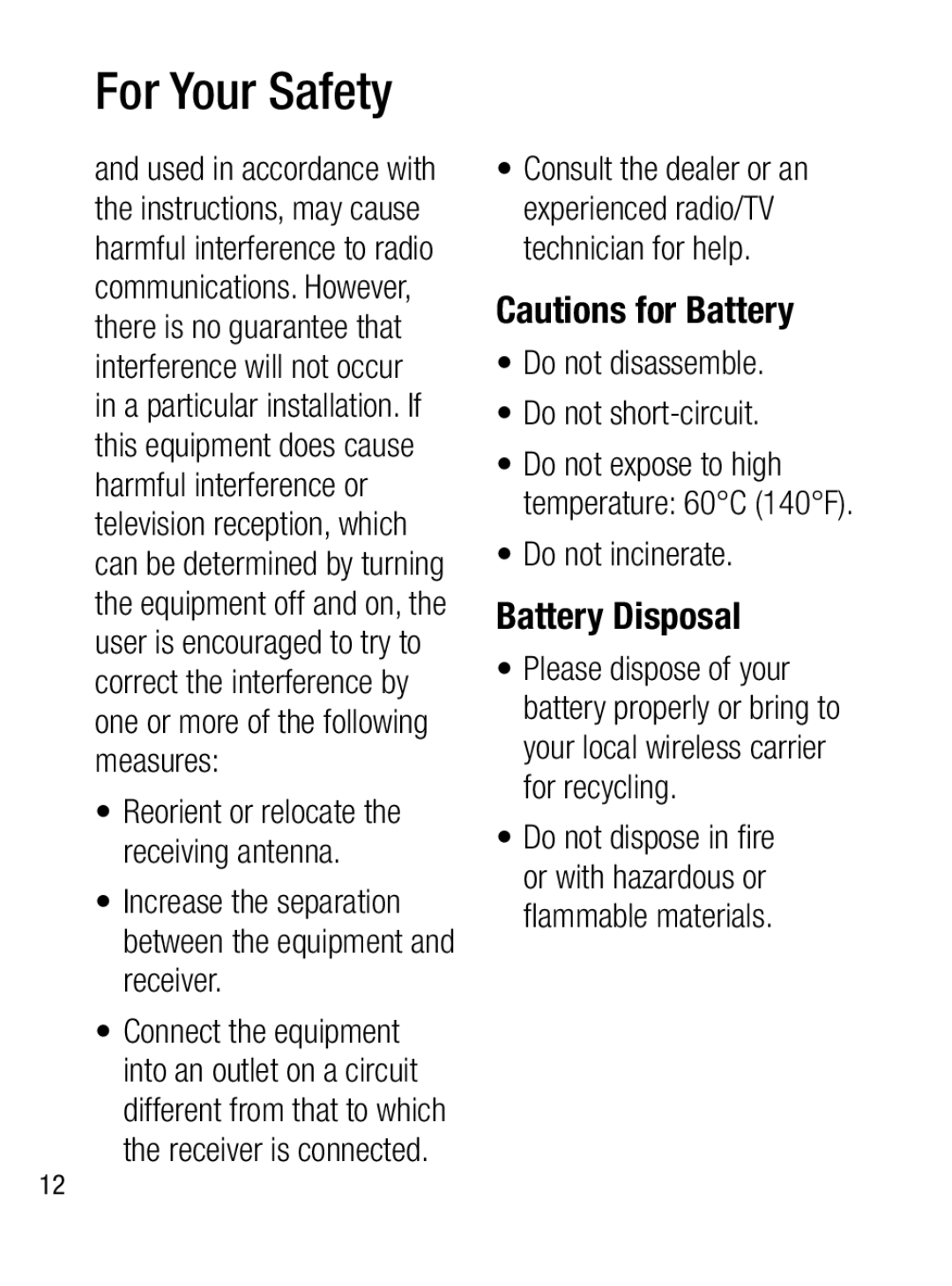 LG Electronics A133CH Cautions for Battery, Battery Disposal, Do not disassemble Do not short-circuit, Do not incinerate 