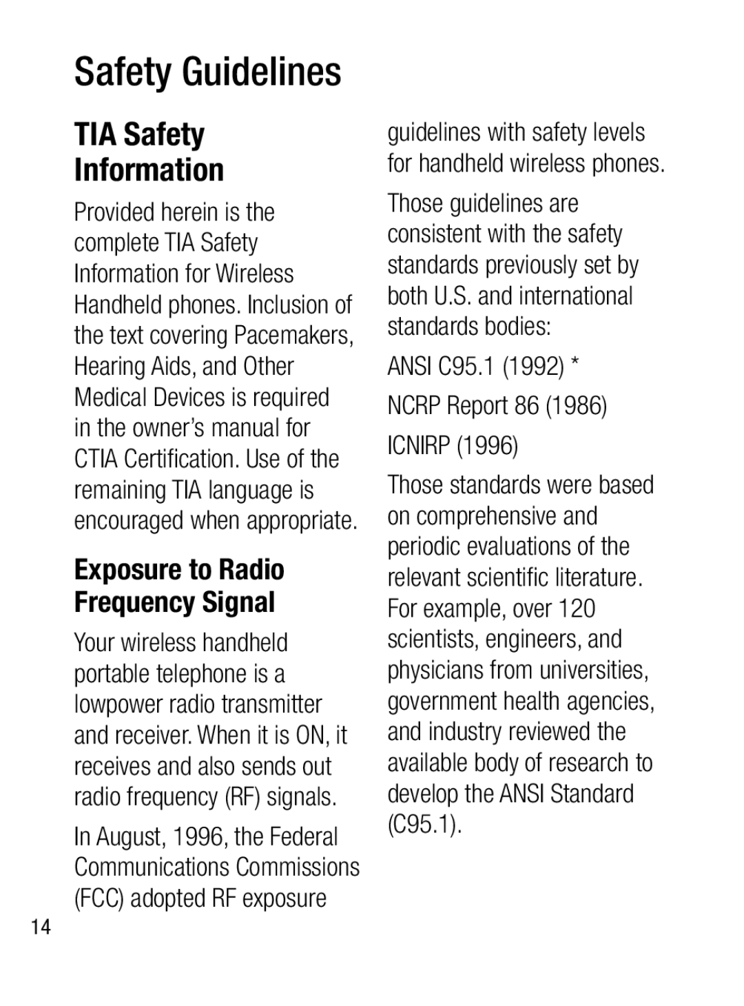 LG Electronics A133CH manual Safety Guidelines, TIA Safety Information, Exposure to Radio Frequency Signal 