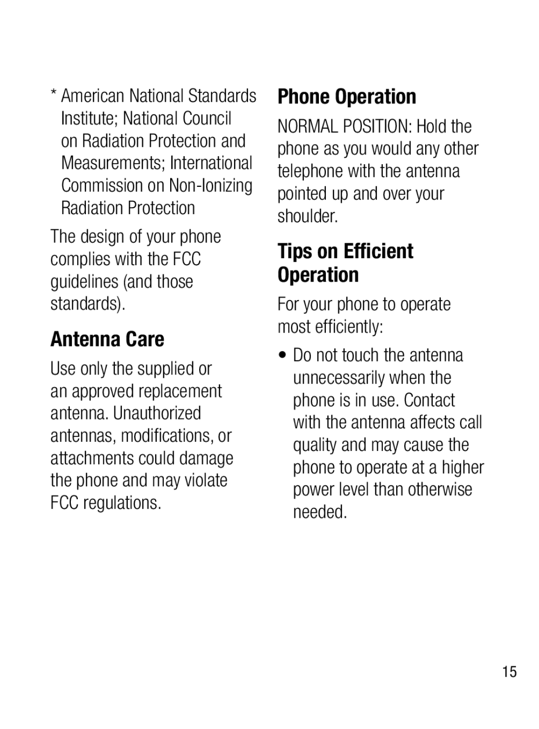 LG Electronics A133CH manual Antenna Care, Phone Operation, Tips on Efﬁcient Operation 