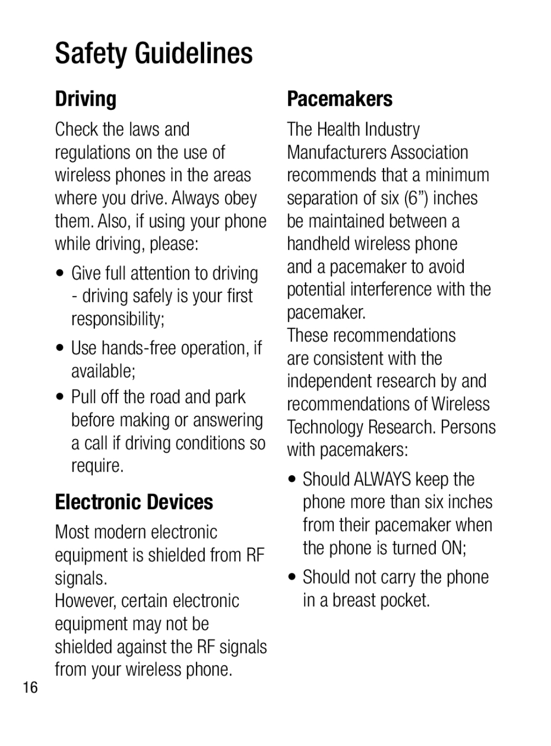 LG Electronics A133CH Driving, Electronic Devices, Pacemakers, Use hands-free operation, if available, Safety Guidelines 