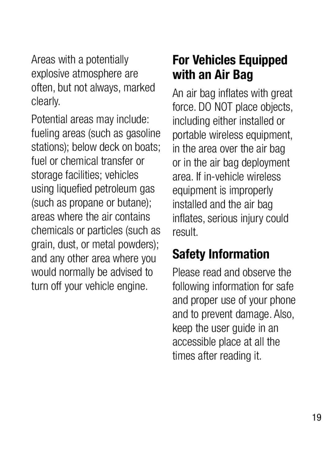 LG Electronics A133CH For Vehicles Equipped with an Air Bag, inﬂ ates, serious injury could result, Safety Information 