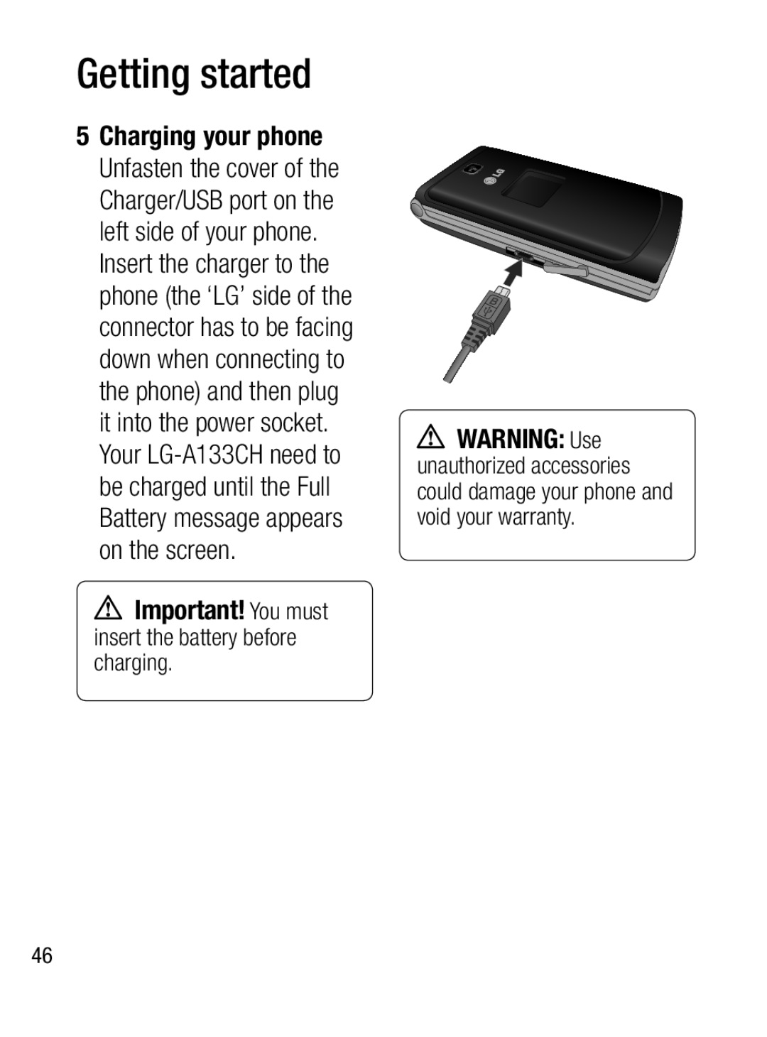 LG Electronics A133CH manual Getting started, Important! You must insert the battery before charging 