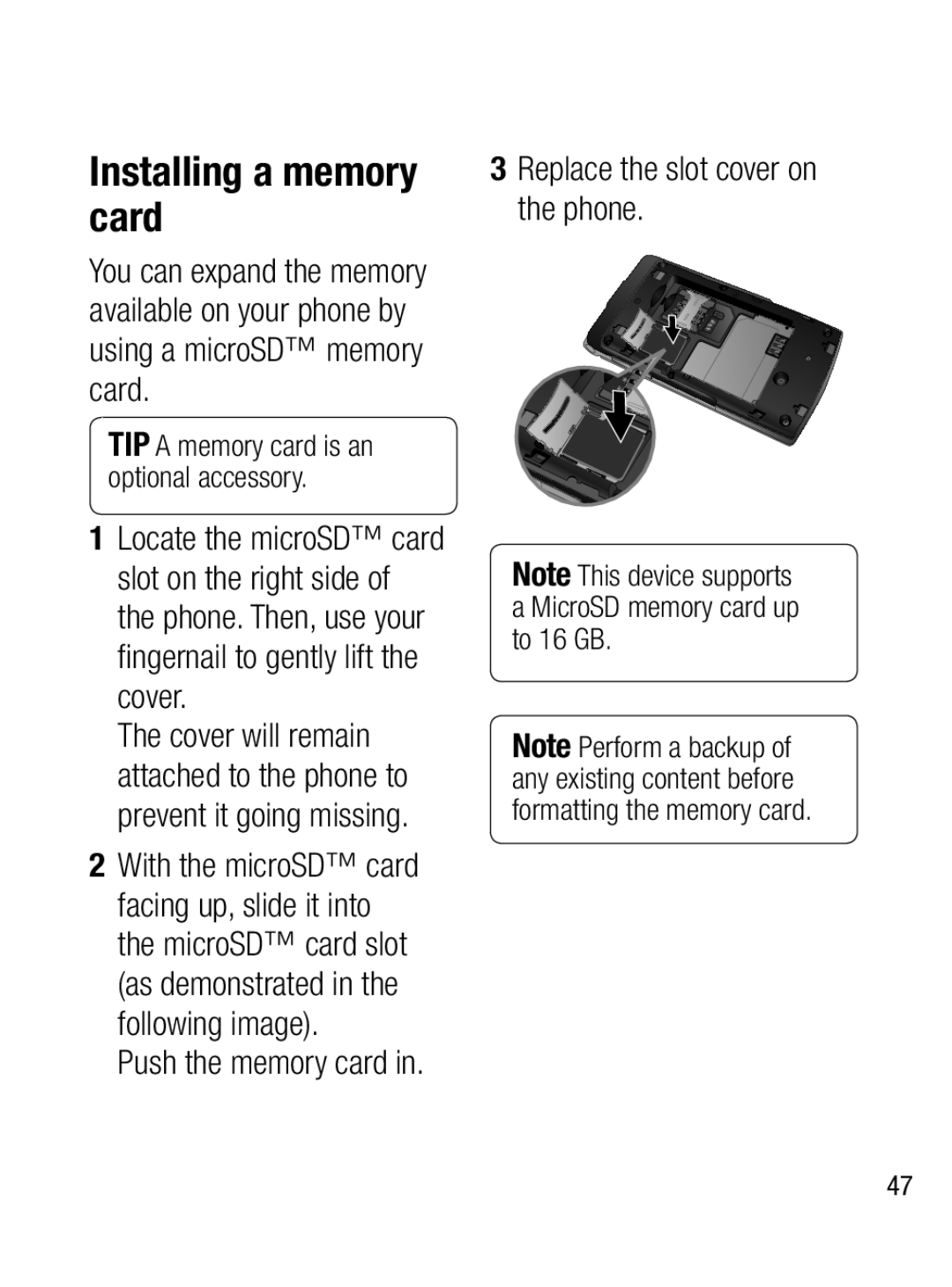 LG Electronics A133CH manual Installing a memory card, Push the memory card in, Replace the slot cover on the phone 