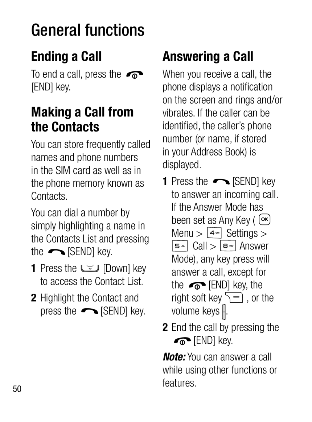 LG Electronics A133CH manual Ending a Call, Answering a Call, Making a Call from the Contacts, General functions 
