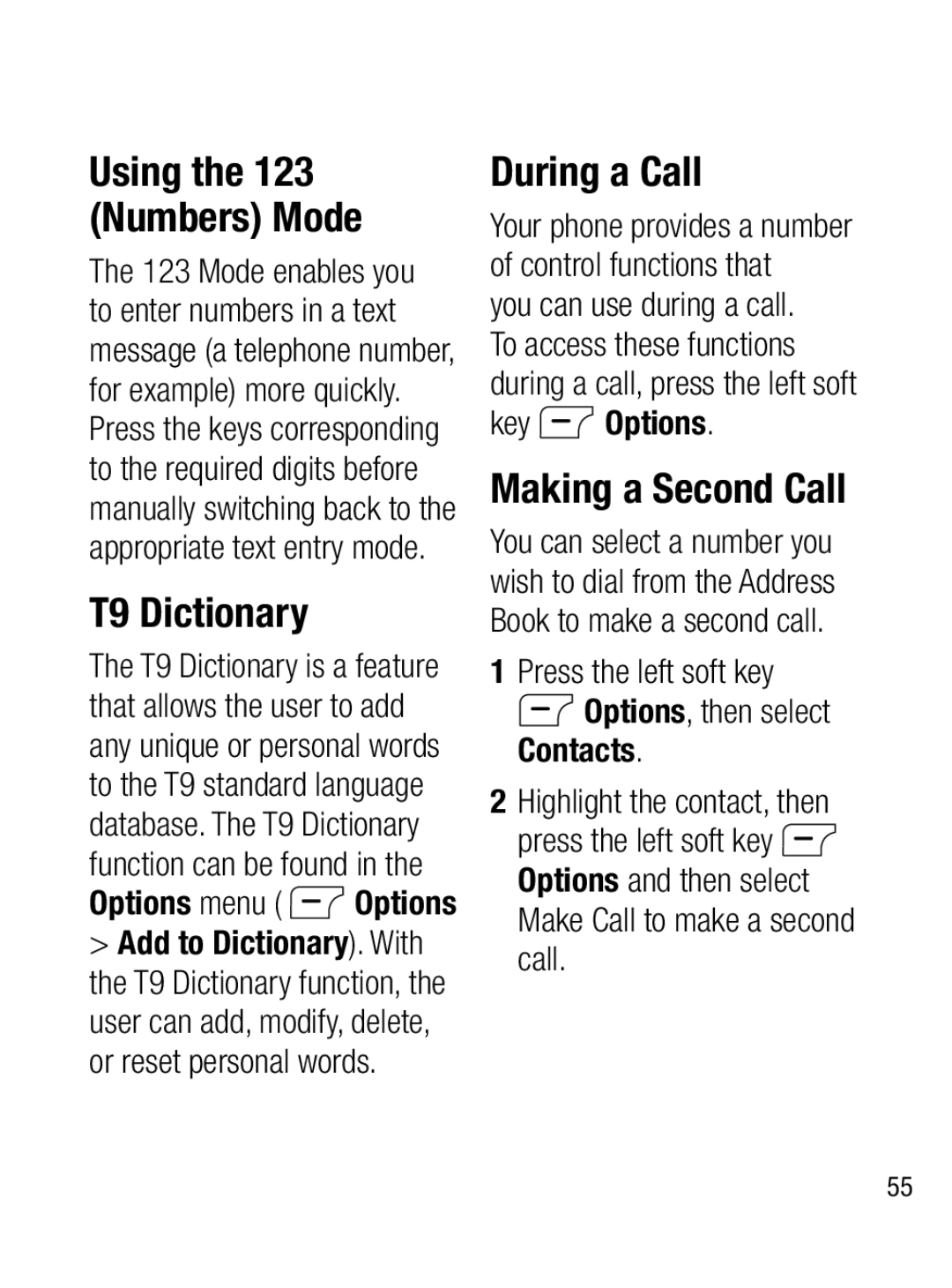 LG Electronics A133CH manual T9 Dictionary, During a Call, Making a Second Call, Using the 123 Numbers Mode, key Options 
