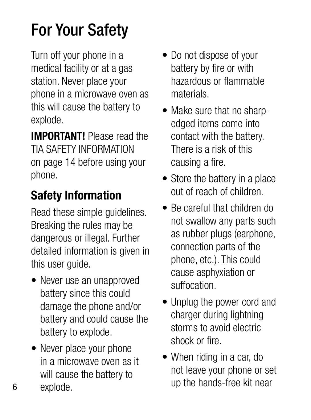 LG Electronics A133CH manual Safety Information, Never place your phone, explode, For Your Safety 