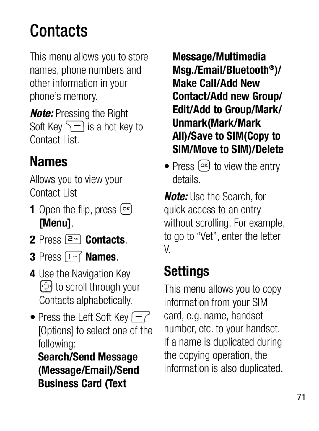 LG Electronics A133CH manual Contacts, Names, Settings 