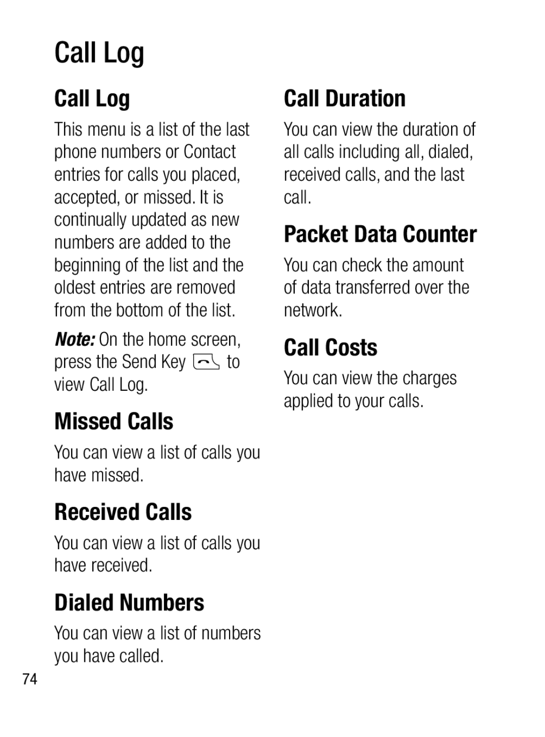 LG Electronics A133CH manual Call Log, Missed Calls, Received Calls, Dialed Numbers, Call Duration, Packet Data Counter 