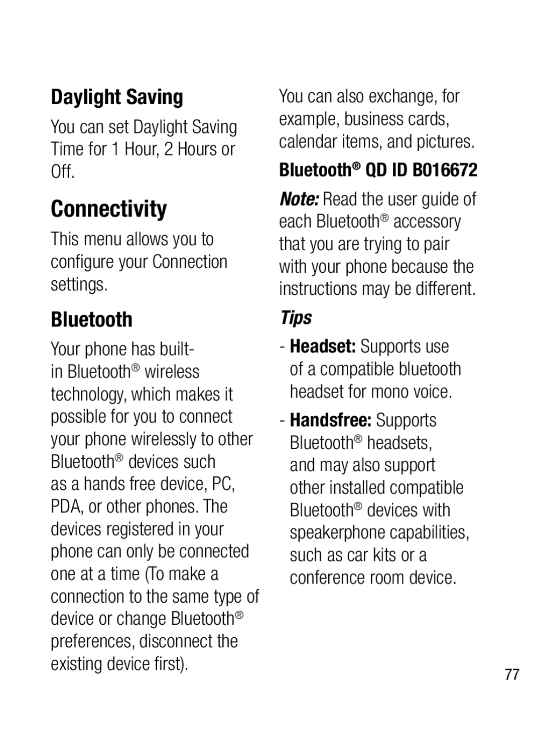 LG Electronics A133CH Connectivity, Daylight Saving, Bluetooth, This menu allows you to conﬁ gure your Connection settings 