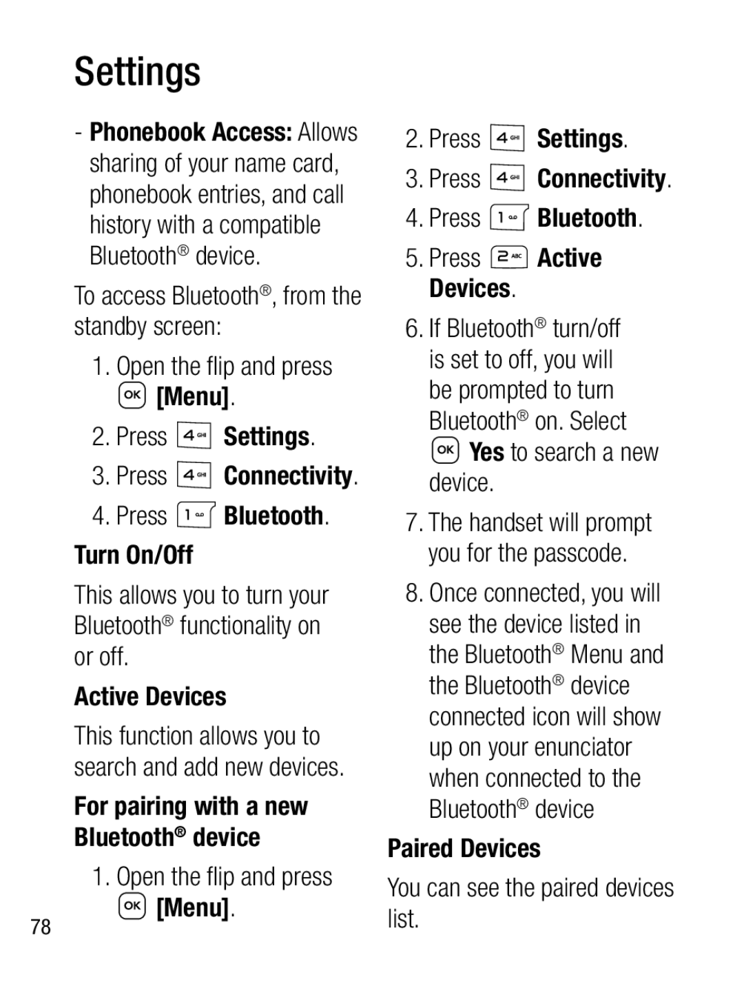 LG Electronics A133CH manual To access Bluetooth, from the standby screen, Settings 