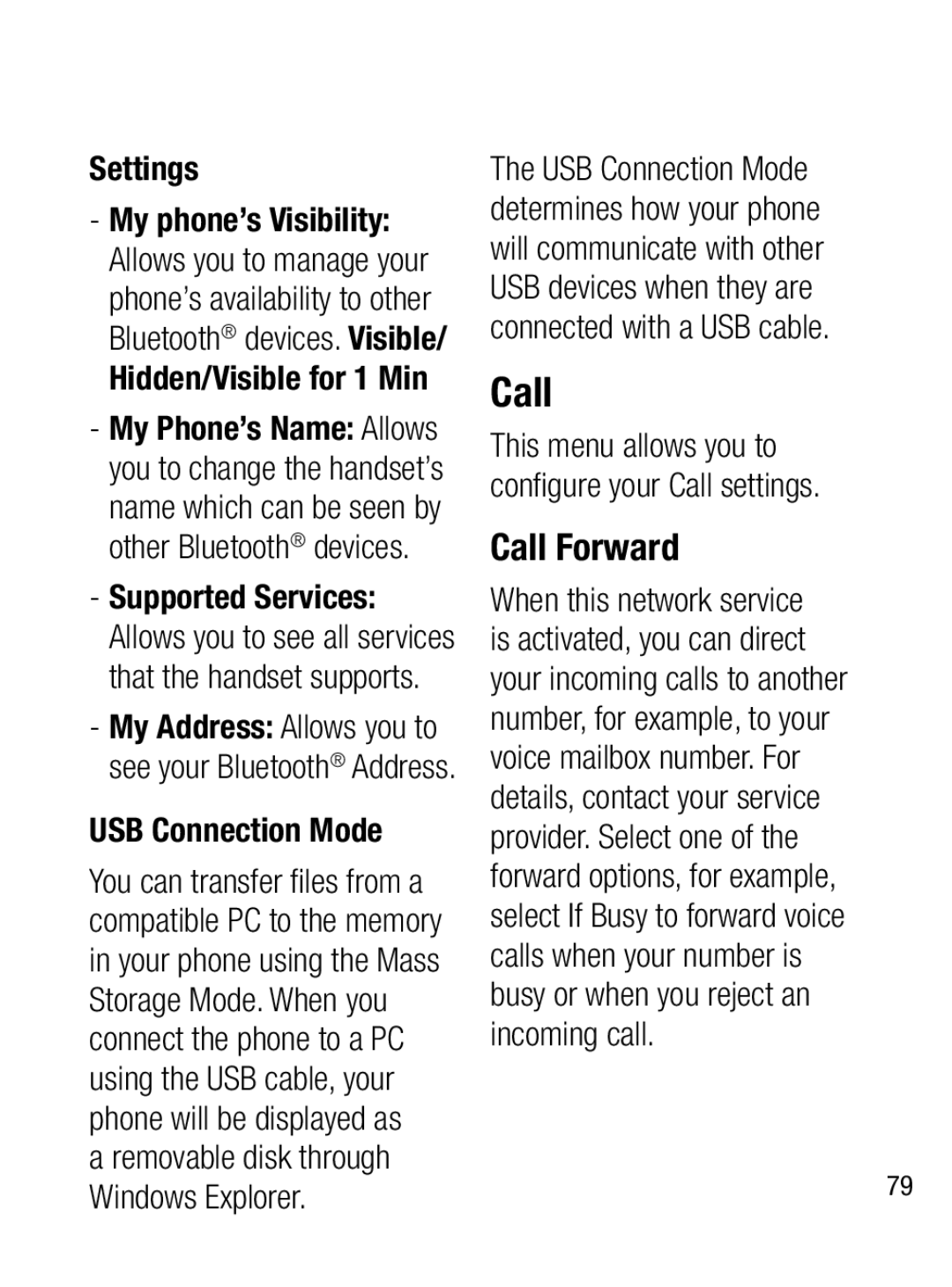 LG Electronics A133CH manual Call Forward, Settings, USB Connection Mode 