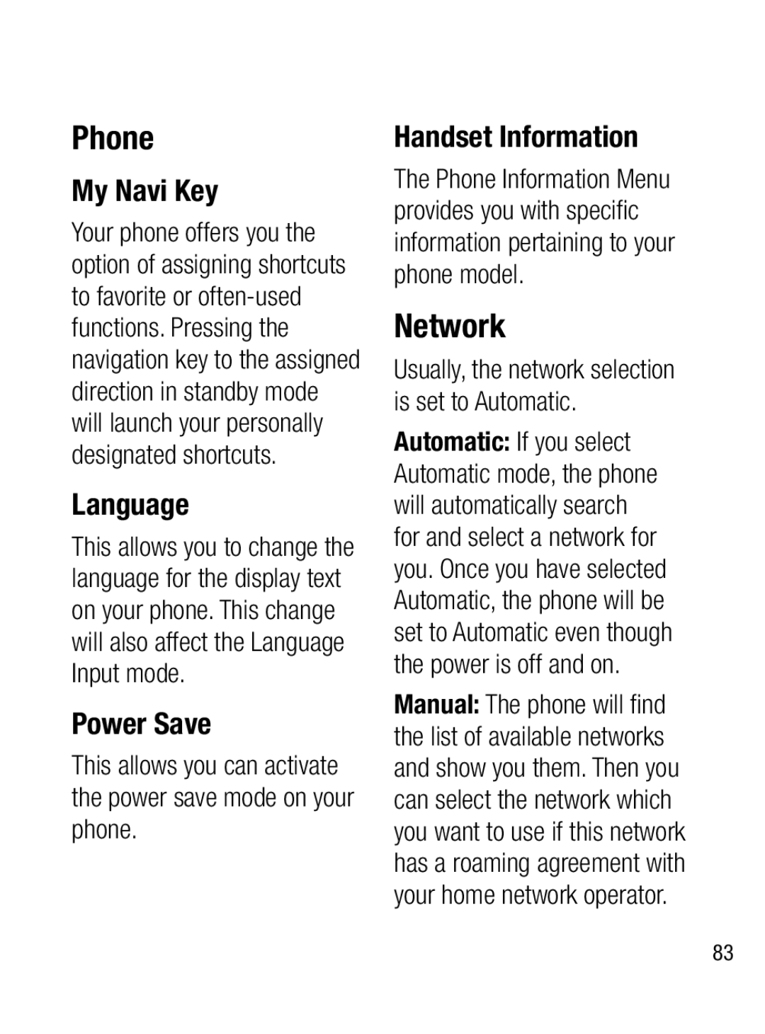 LG Electronics A133CH manual Phone, Network, My Navi Key, Language, Power Save, Handset Information 