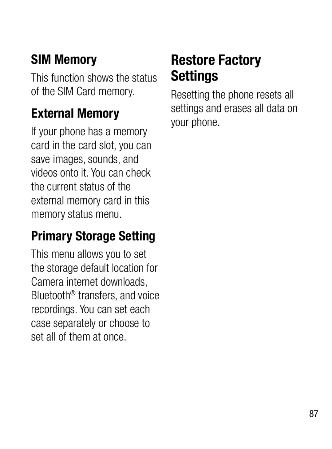 LG Electronics A133CH manual Restore Factory Settings, SIM Memory, External Memory, Primary Storage Setting 
