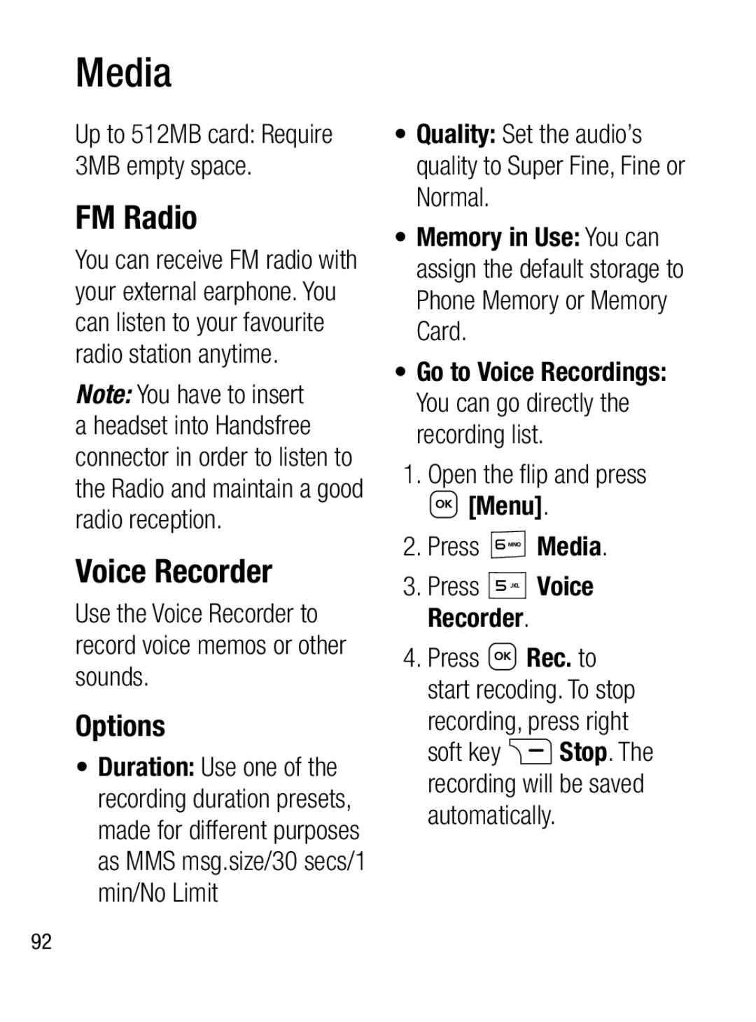 LG Electronics A133CH manual FM Radio, Options, Use the Voice Recorder to record voice memos or other sounds, Media 
