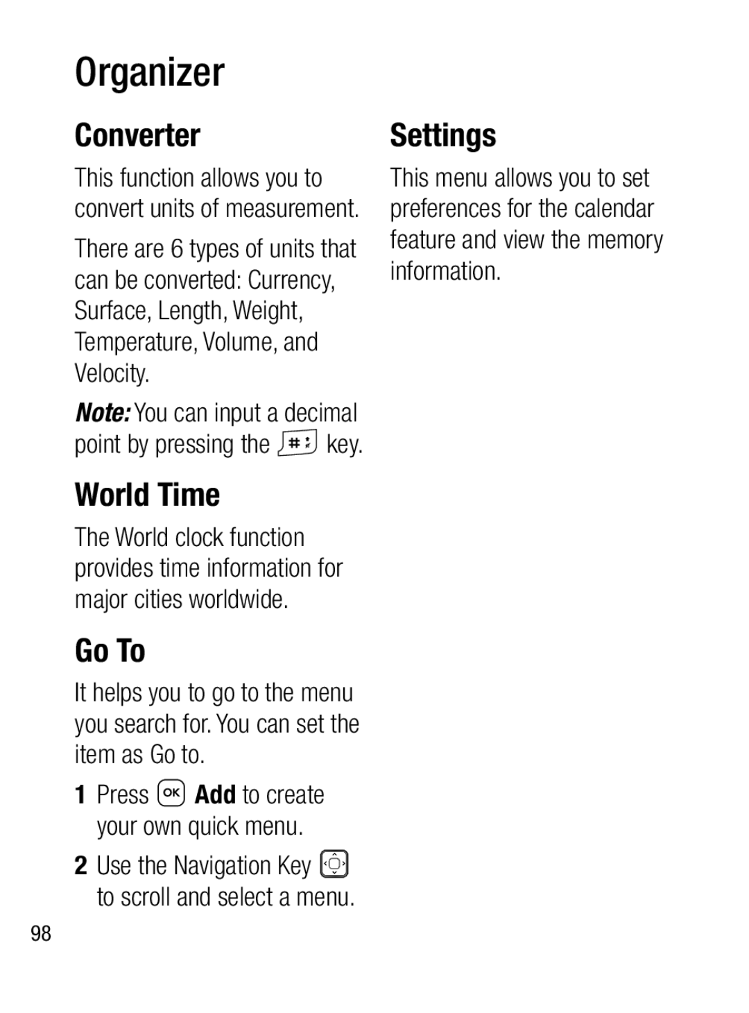 LG Electronics A133CH manual Converter, World Time, Go To, Organizer, Settings 
