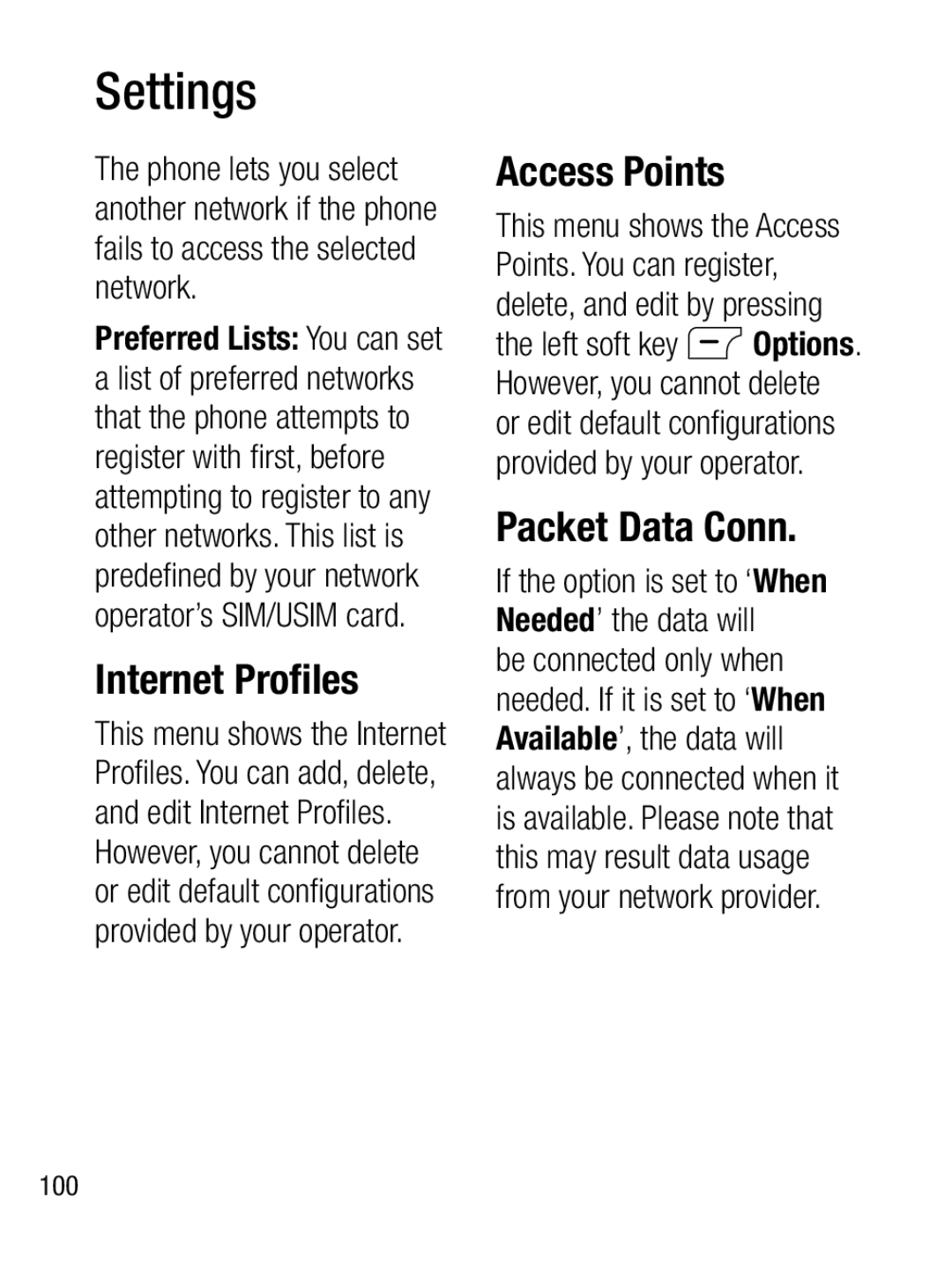 LG Electronics A133R manual Internet Proﬁles, Access Points, Packet Data Conn 