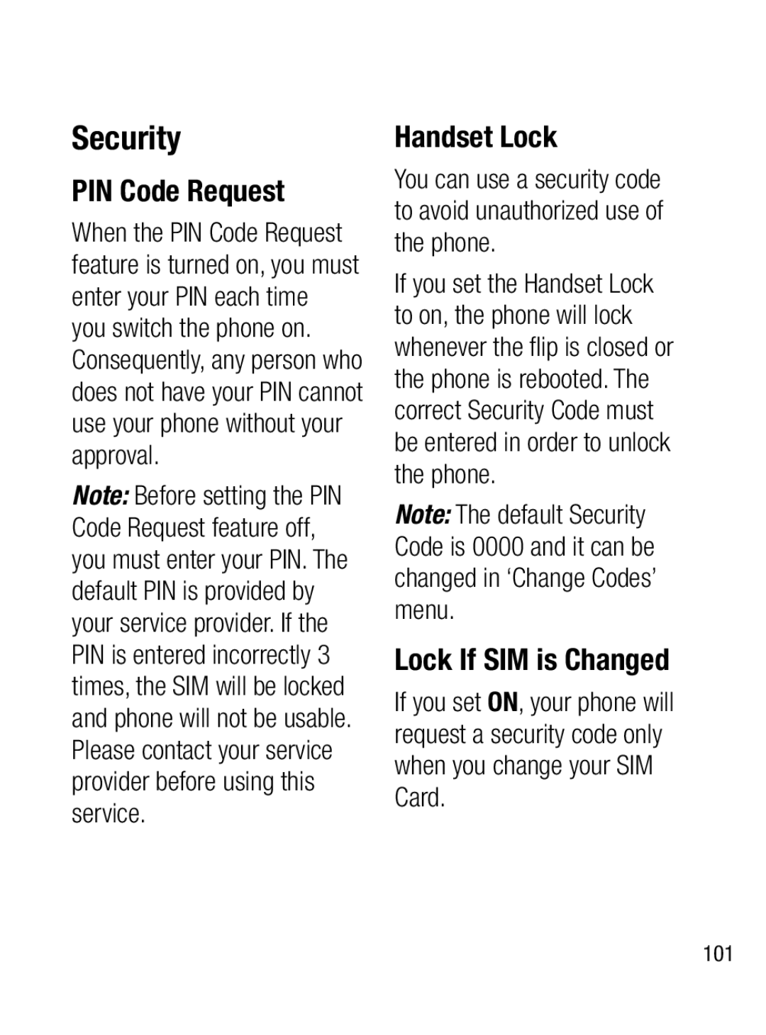 LG Electronics A133R manual Security, PIN Code Request, Handset Lock, Lock If SIM is Changed 