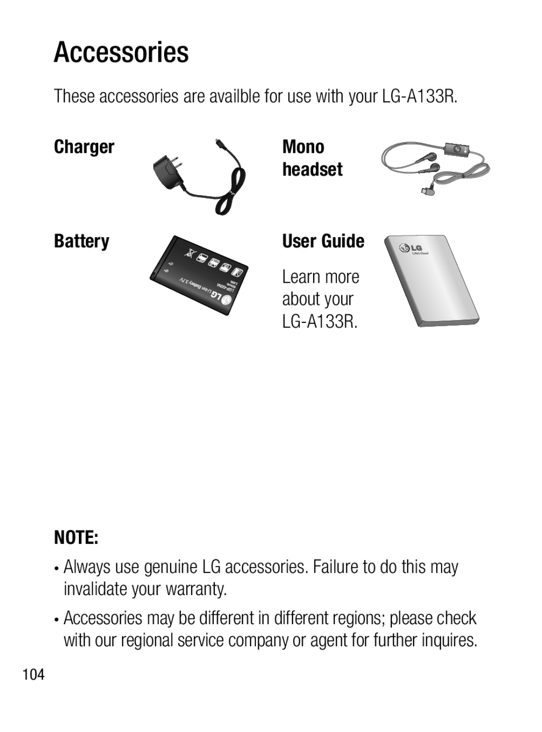 LG Electronics A133R manual Accessories, Charger Mono Headset Battery 