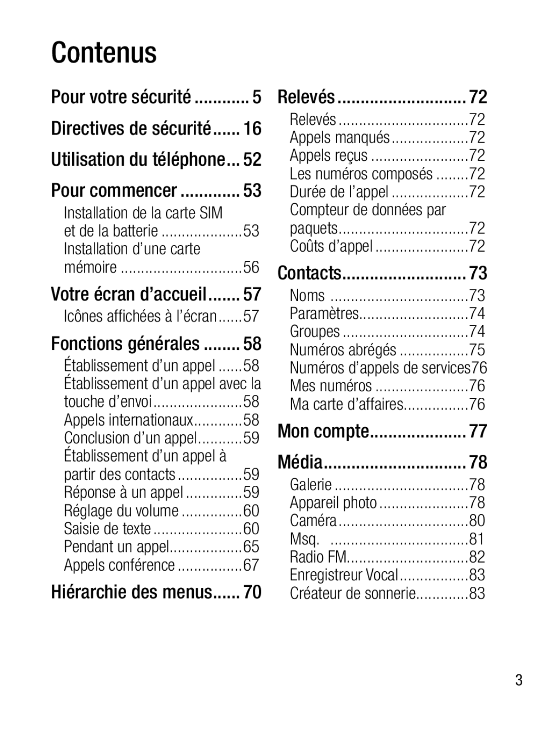 LG Electronics A133R Contenus, Installation d’une carte, Votre écran d’accueil, Fonctions générales, Hiérarchie des menus 