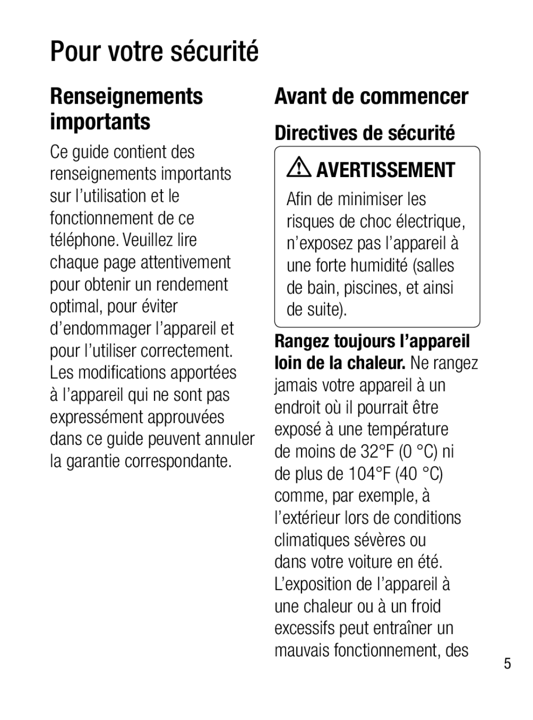 LG Electronics A133R manual Avant de commencer, Directives de sécurité 