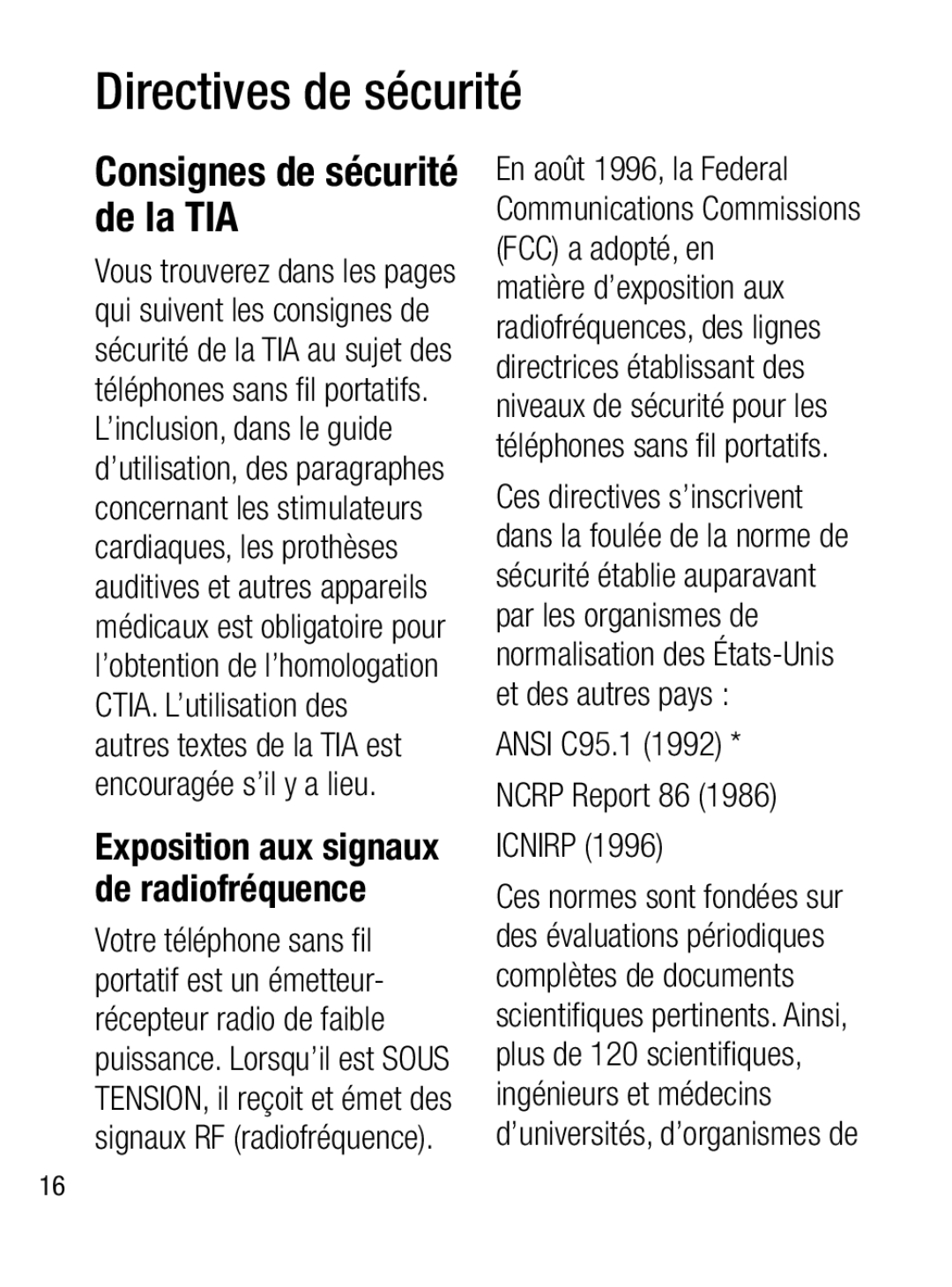 LG Electronics A133R Directives de sécurité, Consignes de sécurité de la TIA, Exposition aux signaux de radiofréquence 