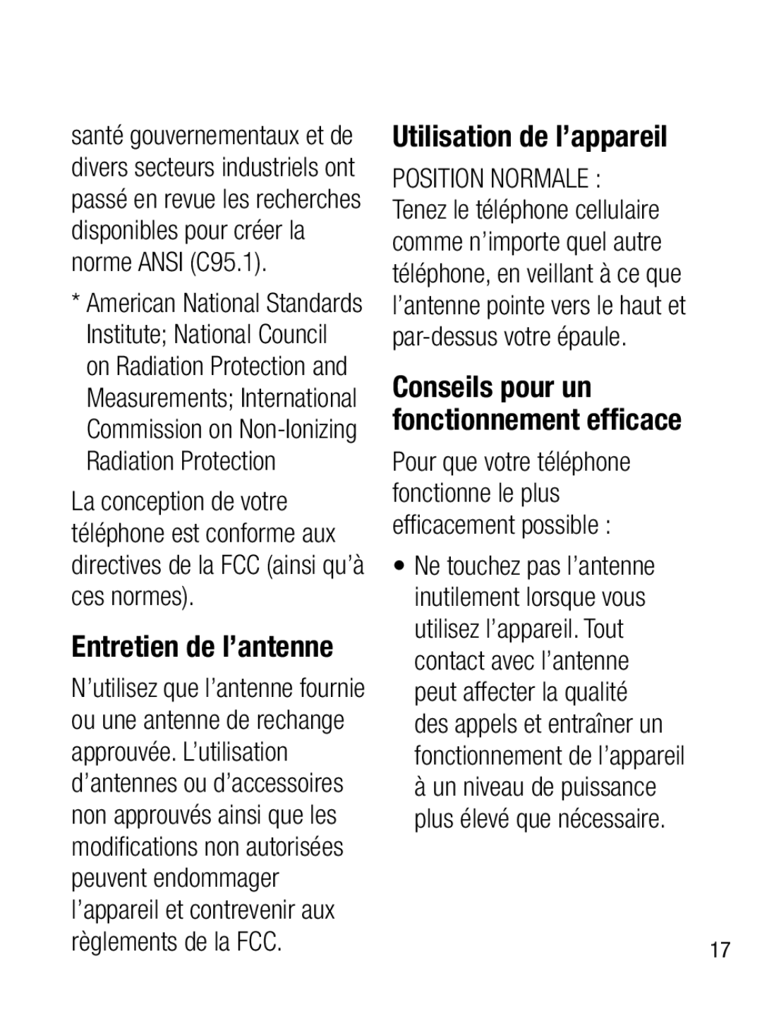 LG Electronics A133R manual Entretien de l’antenne, Utilisation de l’appareil, Conseils pour un fonctionnement efﬁcace 