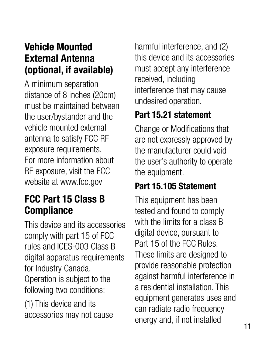 LG Electronics A133R manual Vehicle Mounted External Antenna optional, if available, FCC Part 15 Class B Compliance 