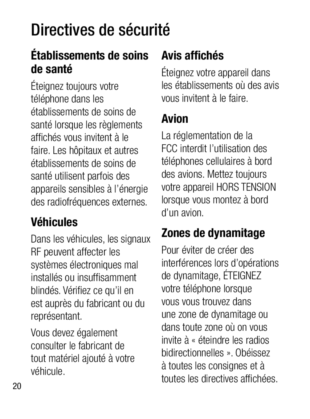 LG Electronics A133R manual Établissements de soins de santé, Véhicules, Avis afﬁchés, Avion, Zones de dynamitage 