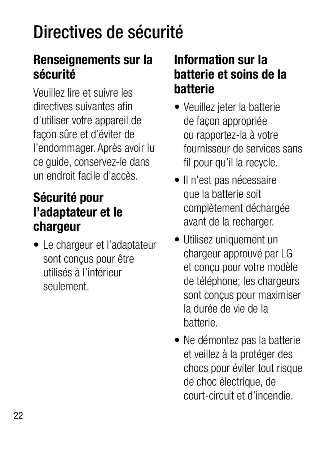 LG Electronics A133R manual Sécurité pour l’adaptateur et le chargeur, Information sur la batterie et soins de la batterie 