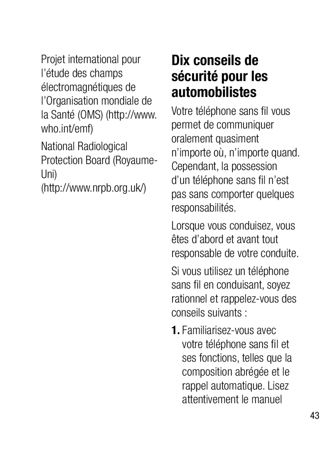 LG Electronics A133R manual Dix conseils de sécurité pour les automobilistes 