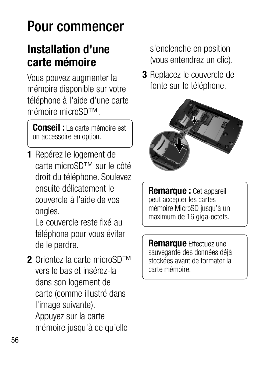 LG Electronics A133R manual Installation d’une carte mémoire 