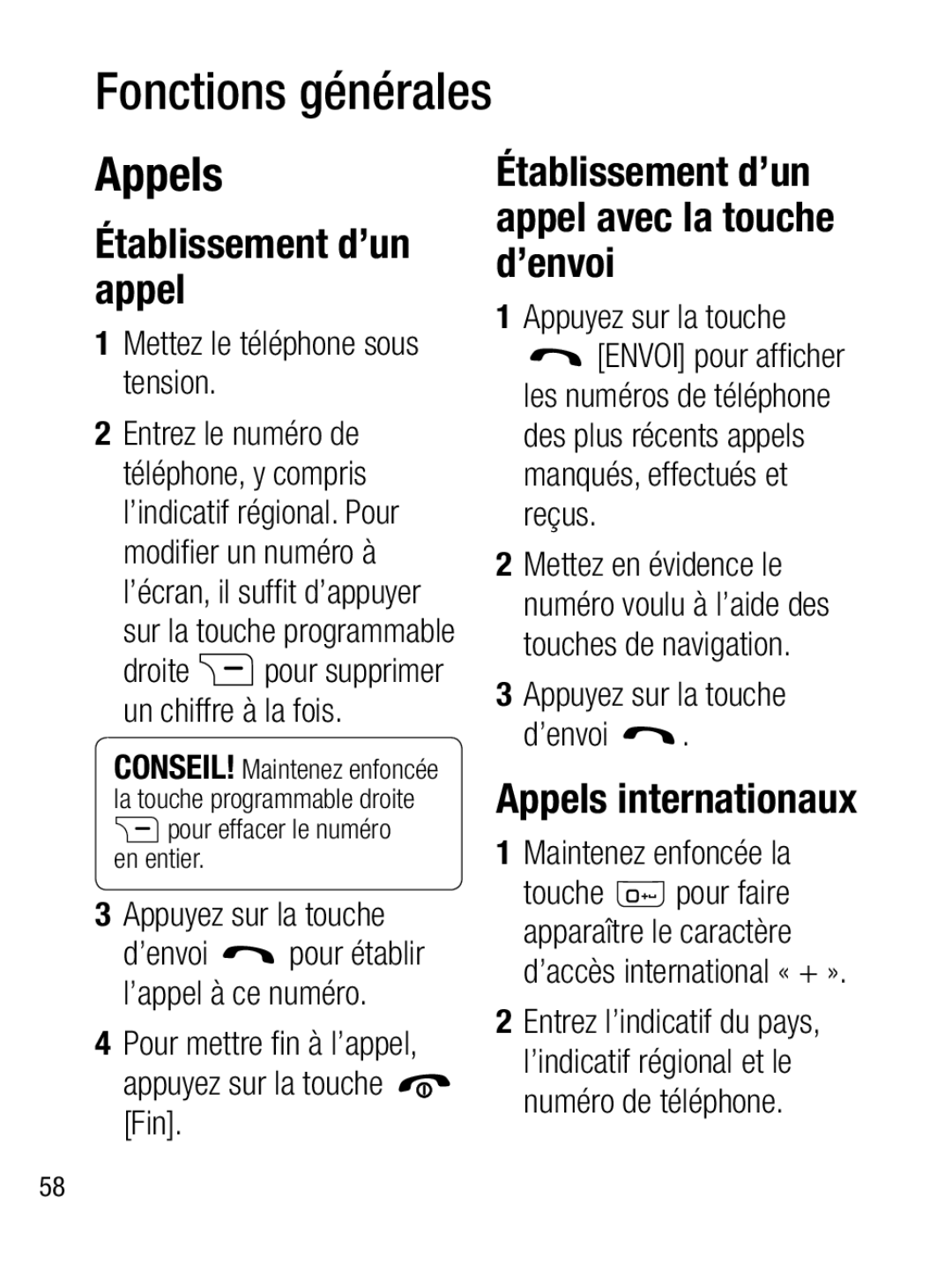 LG Electronics A133R manual Fonctions générales, Établissement d’un appel avec la touche d’envoi, Appels internationaux 