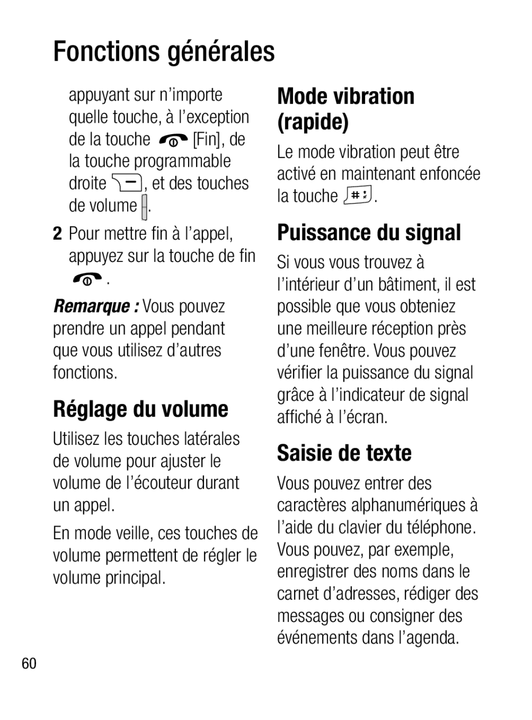 LG Electronics A133R manual Réglage du volume, Puissance du signal, Saisie de texte, Mode vibration rapide, La touche 