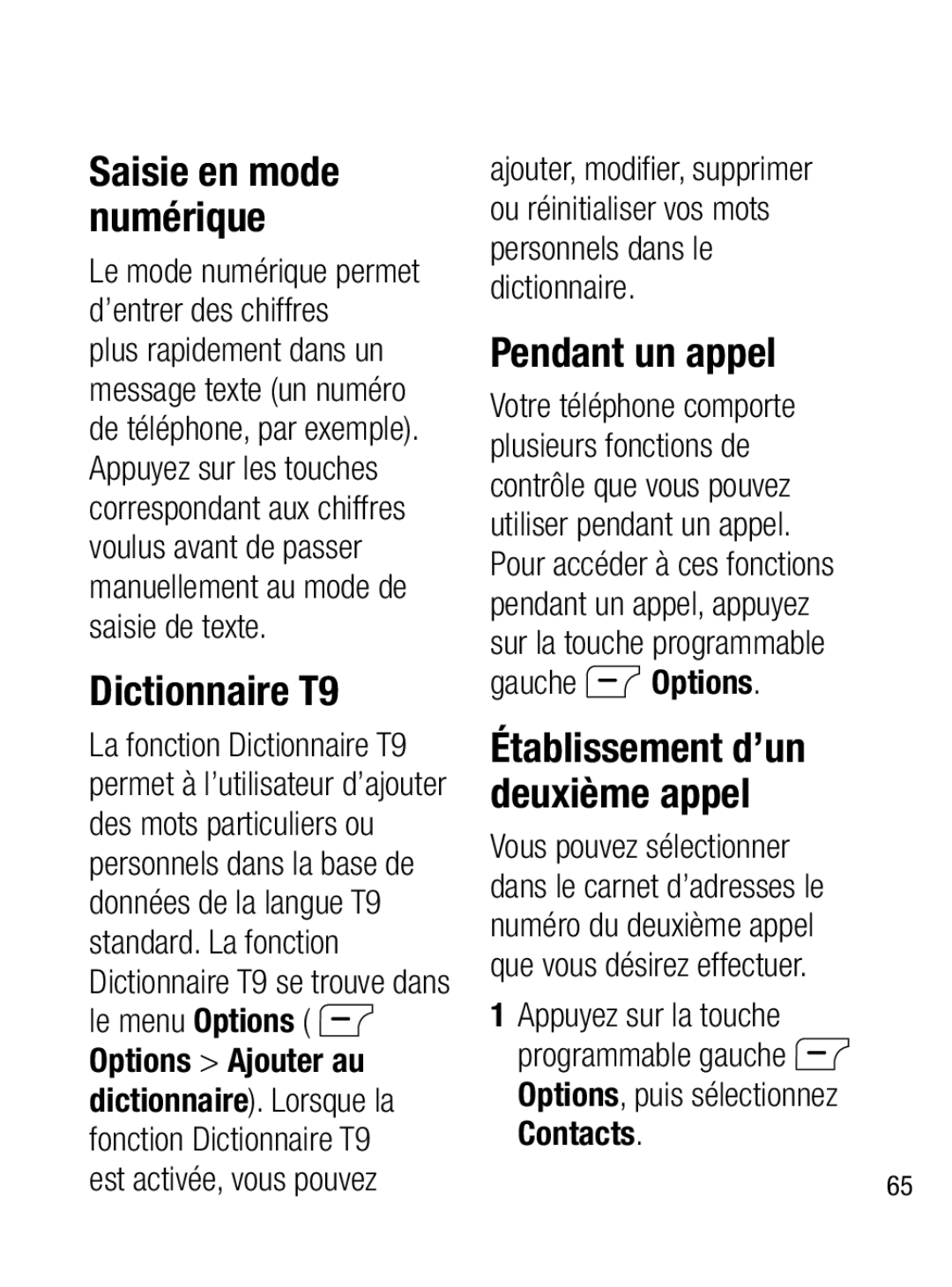 LG Electronics A133R manual Dictionnaire T9, Pendant un appel, Établissement d’un deuxième appel, Est activée, vous pouvez 