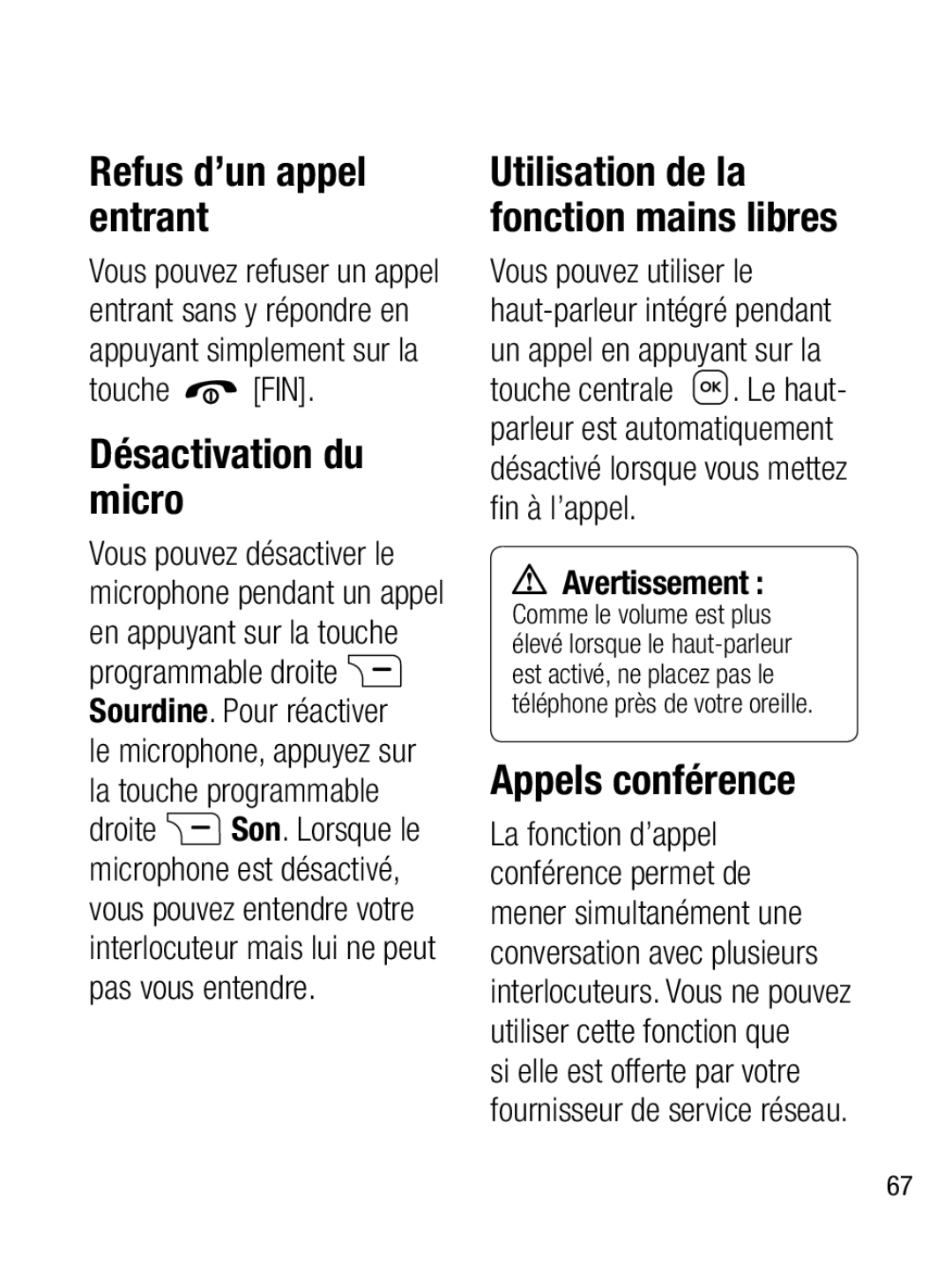 LG Electronics A133R manual Refus d’un appel entrant, Désactivation du micro, Appels conférence 