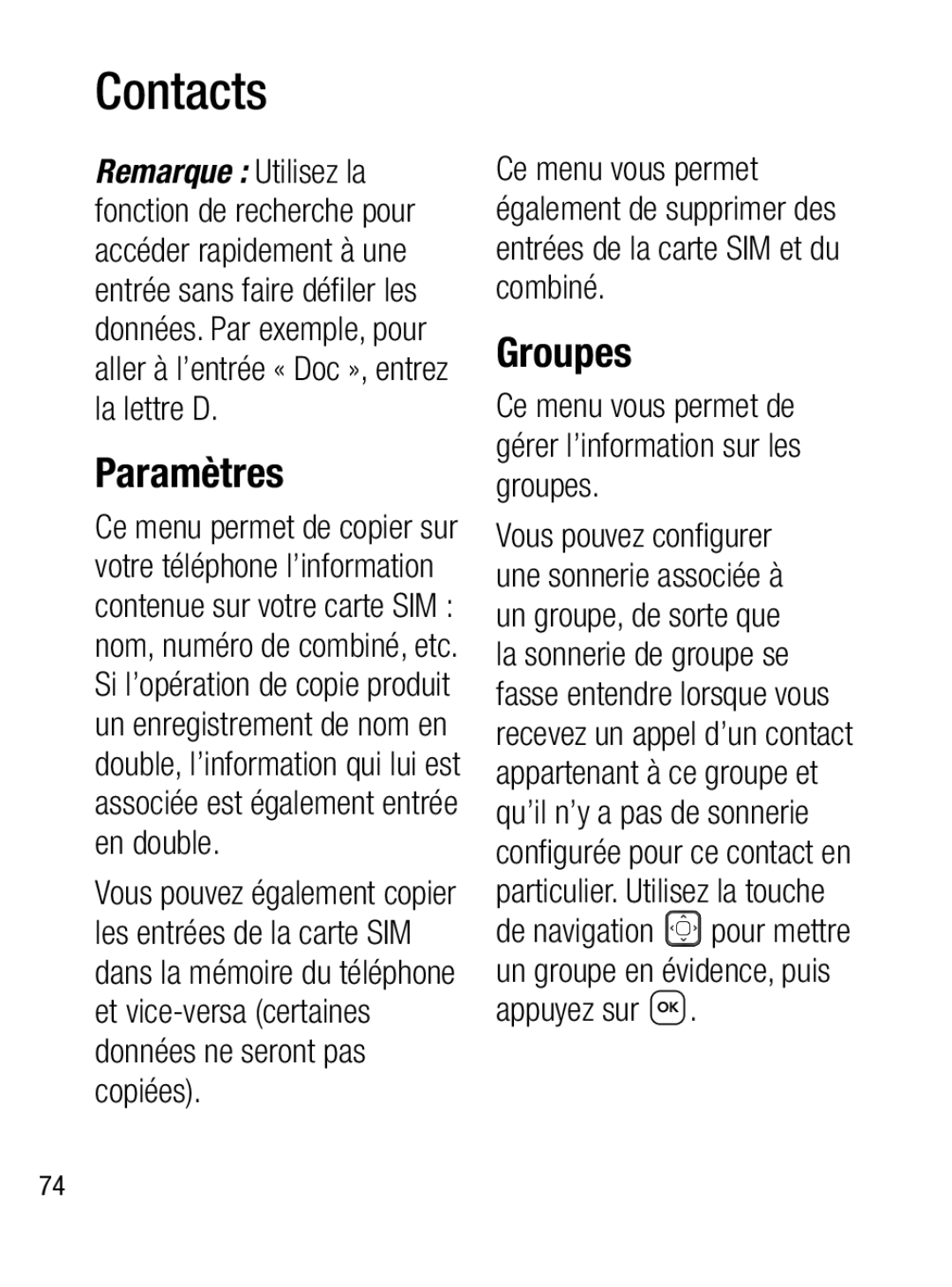 LG Electronics A133R manual Paramètres, Groupes, Ce menu vous permet de gérer l’information sur les groupes 