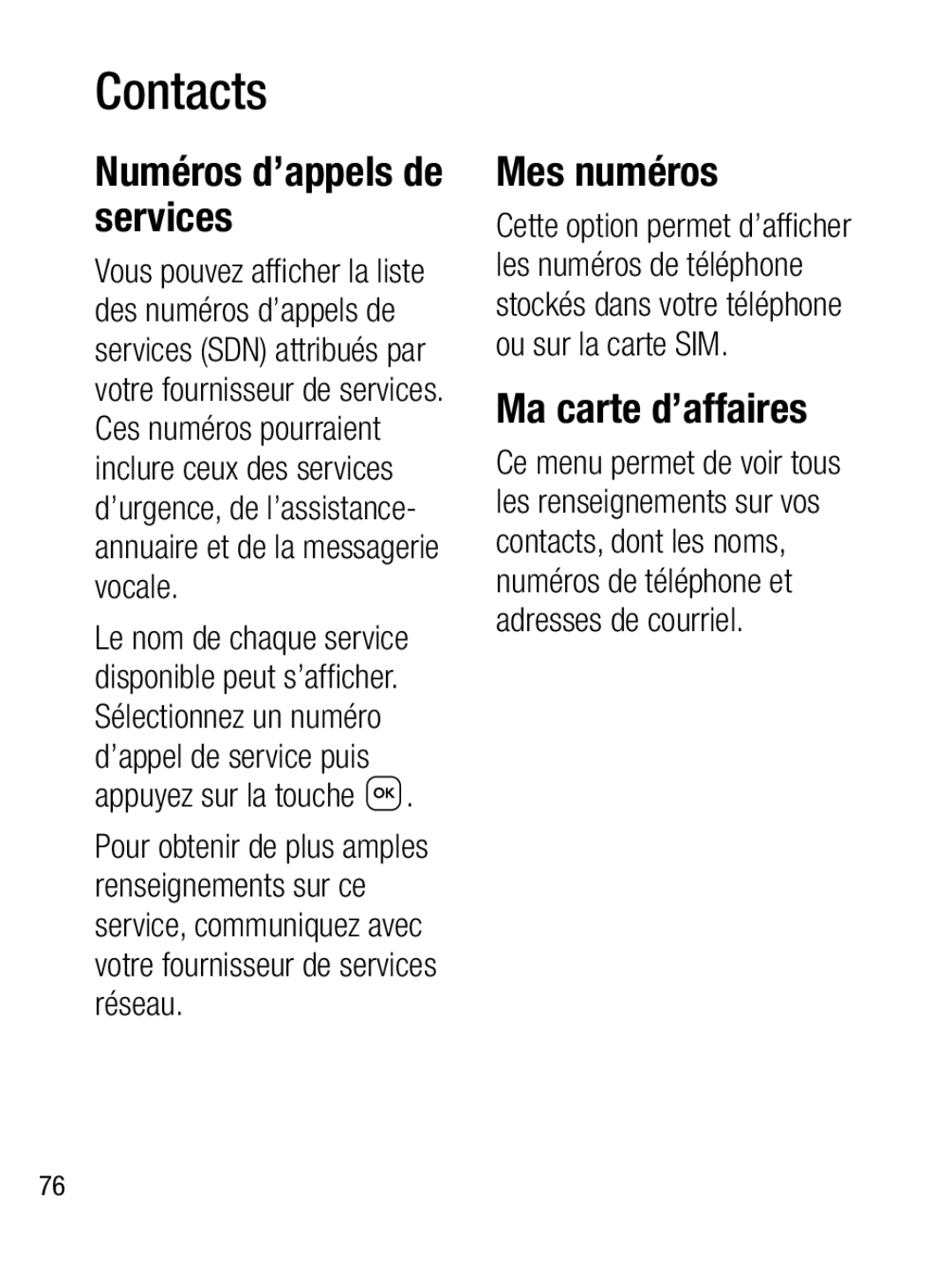 LG Electronics A133R manual Numéros d’appels de services, Mes numéros, Ma carte d’affaires 