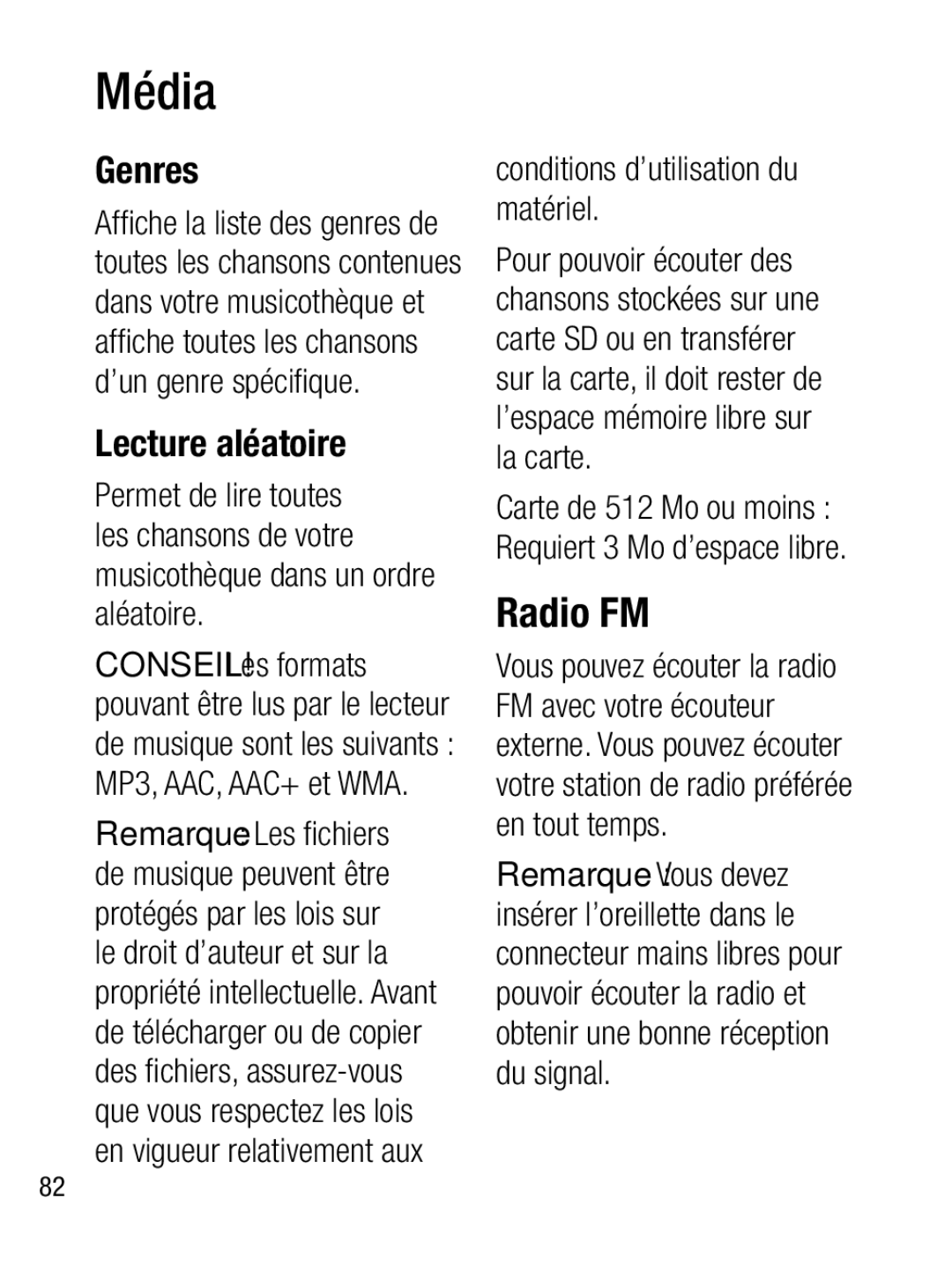 LG Electronics A133R manual Radio FM, Lecture aléatoire, Conditions d’utilisation du matériel 