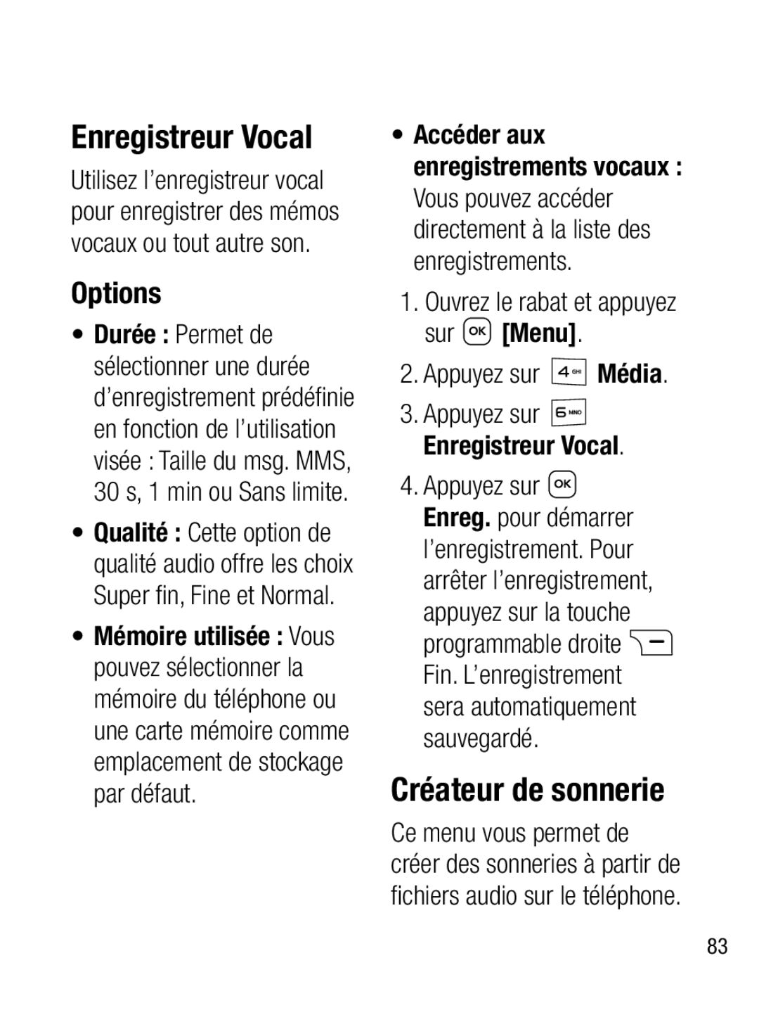 LG Electronics A133R manual Enregistreur Vocal, Créateur de sonnerie 