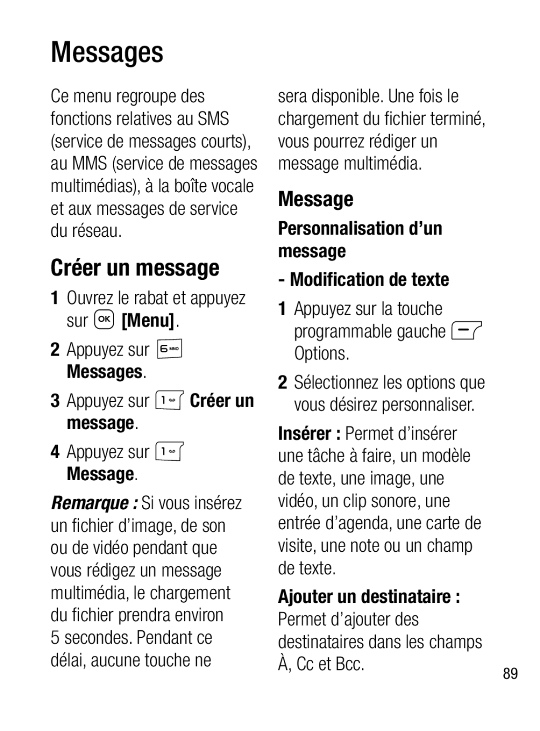 LG Electronics A133R manual Messages, Créer un message 